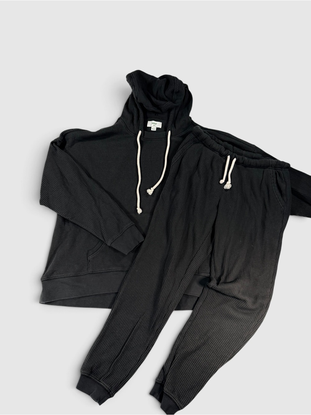 Men's Black Waffle Knit Hoodie & Jogger Set